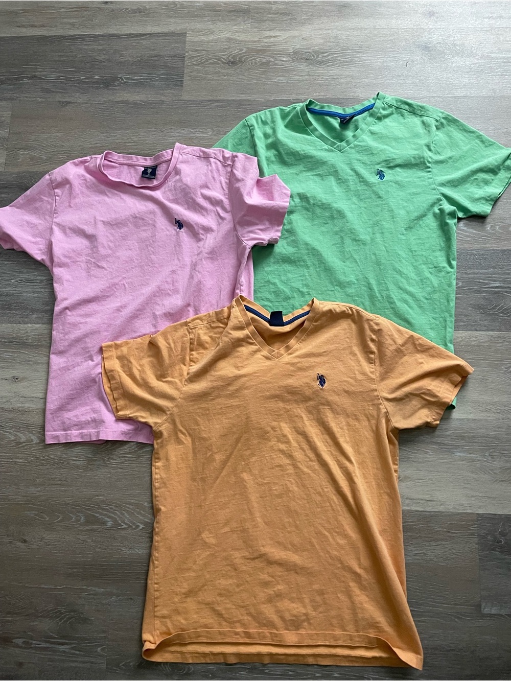 3 men’s US Polo Assn V-Neck & Crew T-Shirts - Pink, Green, Orange